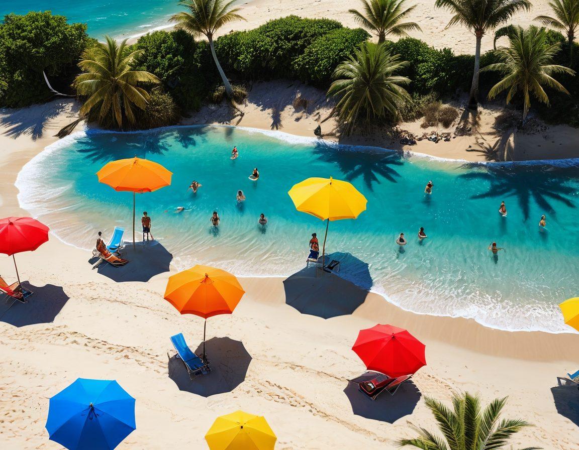 A vibrant beach scene featuring a variety of stylish two-piece swimsuits on display on a sunny shore, surrounded by colorful beach umbrellas, palm trees, and smiling people enjoying the waves. The scene should embody a fun and adventurous spirit with splashes of water and footprints in the sand. super-realistic. vibrant colors. tropical setting.
