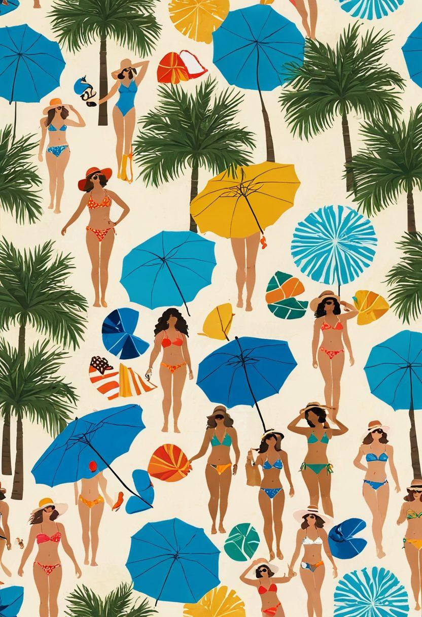 A sun-soaked beach scene featuring diverse individuals in a variety of stylish bikinis, showcasing the latest swim fashion trends. Include vibrant beach accessories like wide-brimmed hats, colorful beach towels, and flip-flops. Capture the essence of summer with palm trees, clear blue skies, and waves gently lapping at the shore. Make the colors bright and cheerful, radiating a fun and relaxed atmosphere. super-realistic. vibrant colors. cheerful summer vibe.